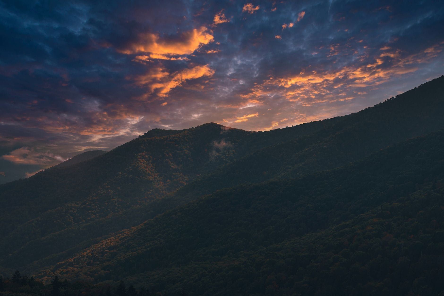 Forested ridges of the Great Smoky Mountains silhouetted beneath orange evening clouds.