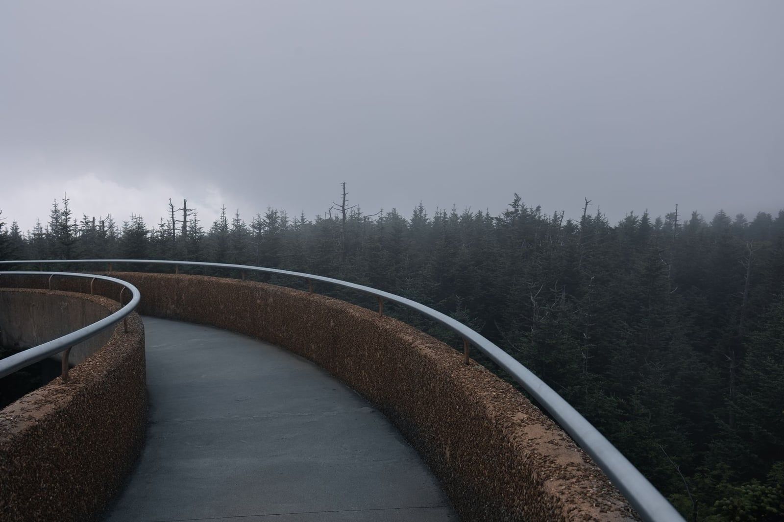 A curved pedestrian ramp of the Kuwohi observation tower winds above mist-covered fir trees in the Great Smoky Mountains.